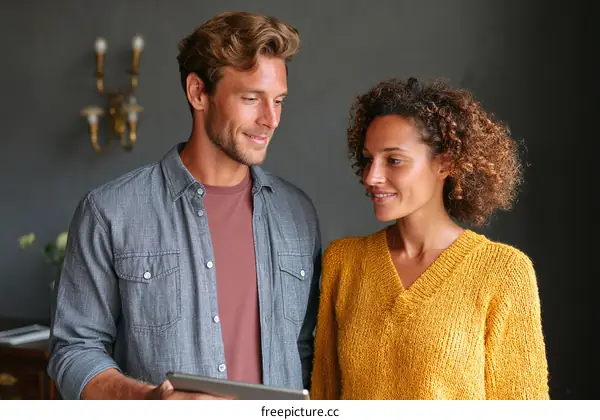 Couple interacting with digital device in a cozy indoor setting