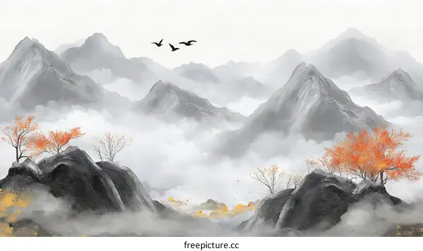 Misty Mountain Scenery in Oriental Style