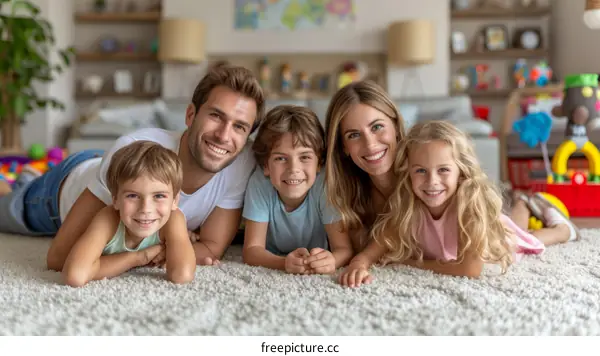 Happy family of five lying on the floor and smiling