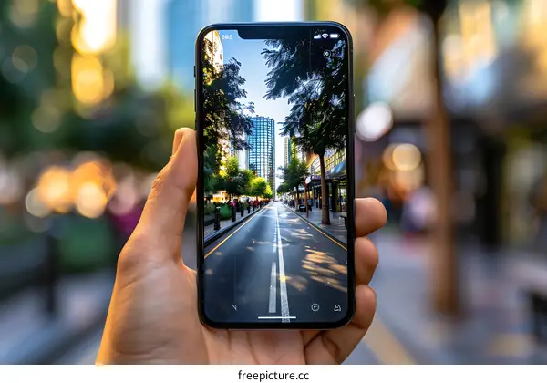 Hand Holding Smartphone with City Street Photo on Screen