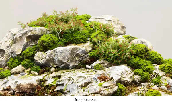 Green Mossy Rocks With Tiny Red Flowers