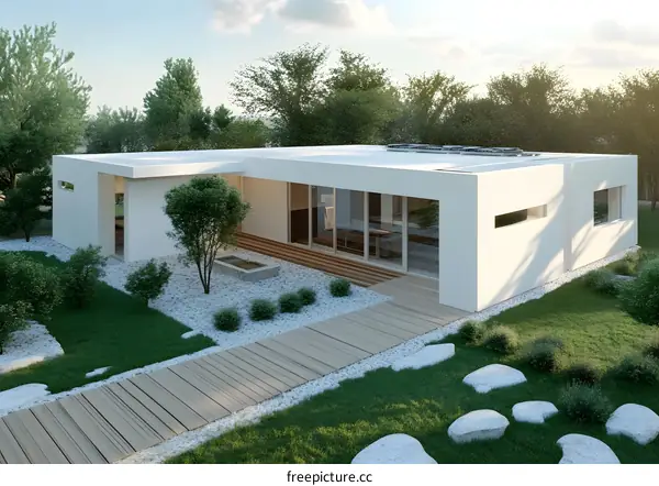 Modern White House with a Wooden Deck and Stone Pathway in a Lush Green Garden