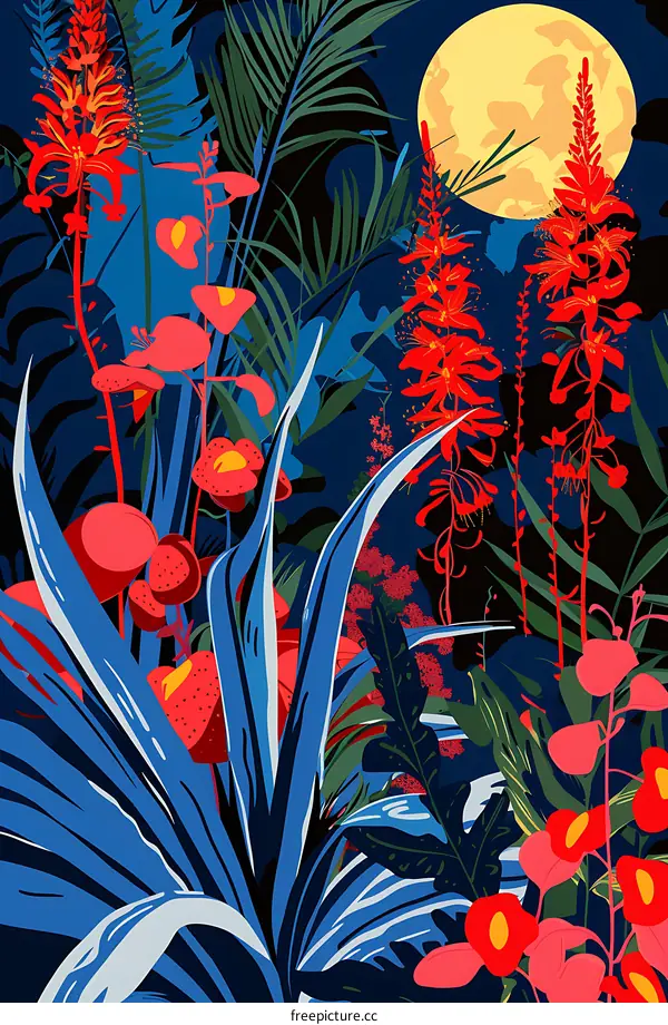 Night Sky With Tropical Flowers And Full Moon