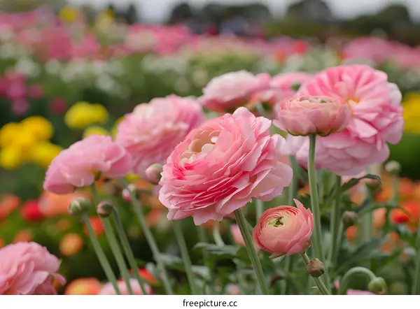 Closeup of Pink Ranunculus Flowers in a Garden