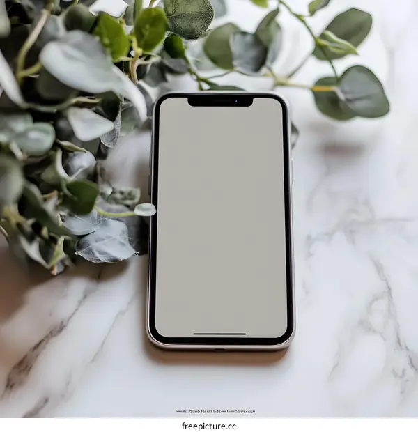 Mockup of Smartphone on Marble Surface with Greenery