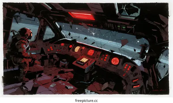Astronaut in Damaged Spaceship Cockpit with Red Alerts