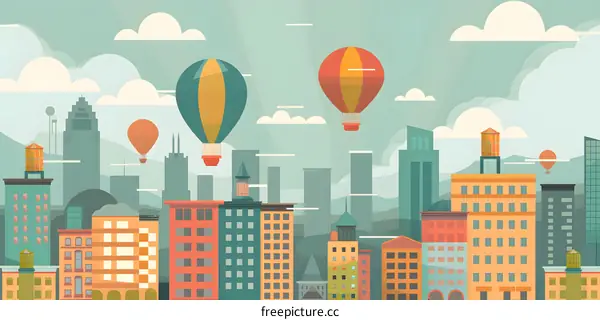 Colorful Cityscape Illustration With Hot Air Balloons