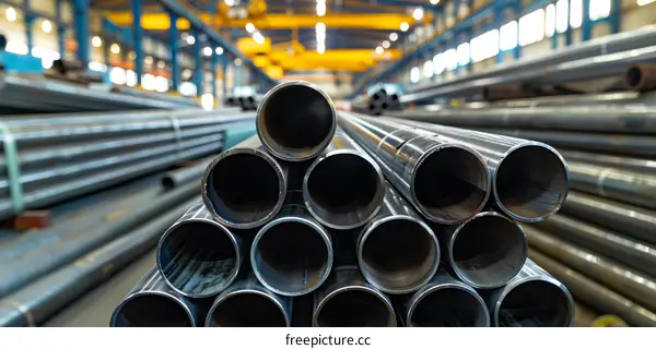 Massive Steel Pipes Stored in a Warehouse