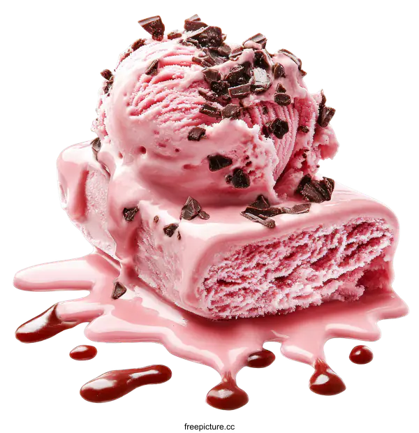 [Transparent Background PNG]Close-up of Melting Strawberry Ice Cream with Chocolate