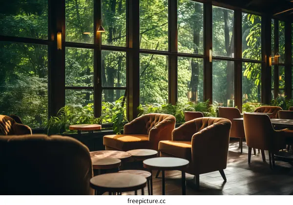 Elegant restaurant interior with large windows overlooking a lush green forest