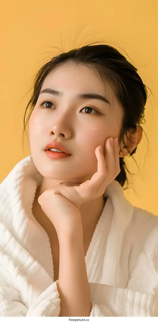 Beautiful Asian Woman in a White Bathrobe on Yellow Background