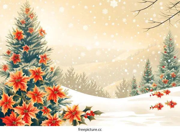 Christmas poinsettias and snowy landscape