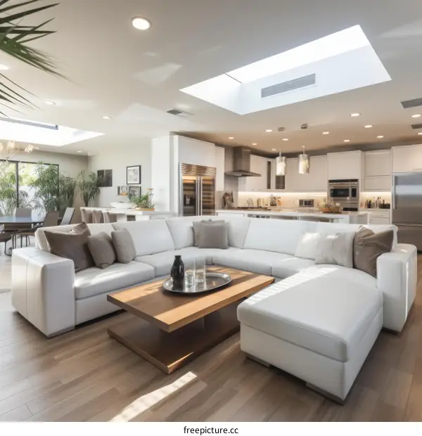 Modern Living Space with Open Floor Plan and Skylights