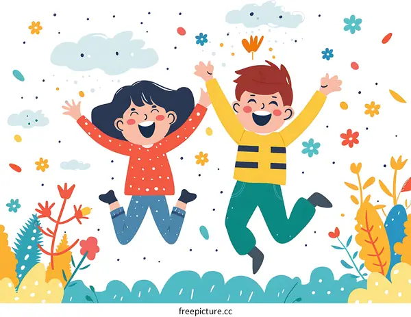 Two Happy Children Jumping in a Field of Flowers