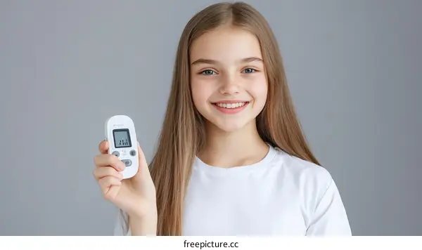 Smiling Caucasian Girl Holding a Medical Device