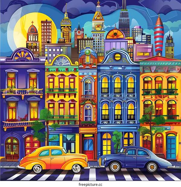 Colorful Cityscape with Buildings and Cars