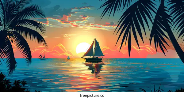 Tropical Sunset Ocean View With Sailboat
