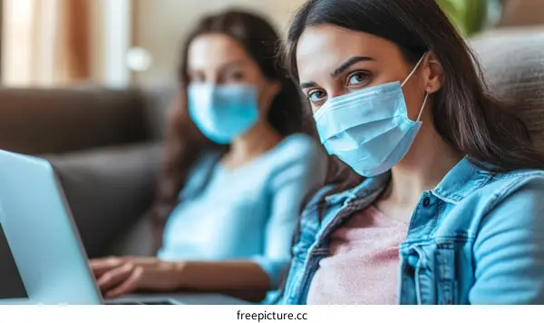 Two Women Working From Home Wearing Masks