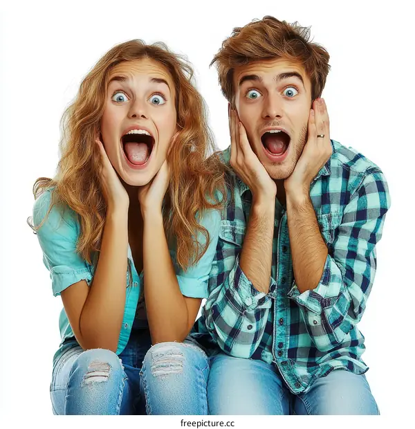 Excited Couple Portrait on White Background