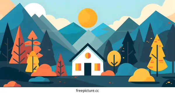 Flat Style Illustration of House in Mountains and Forest