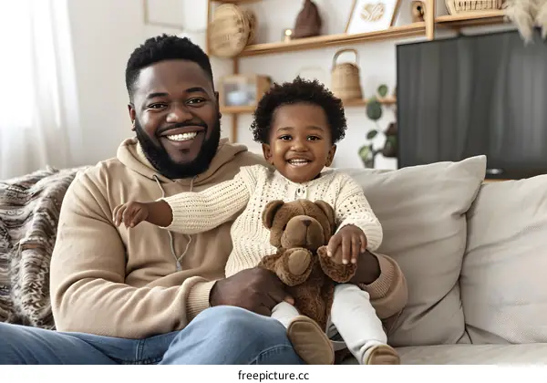 Happy African American Father and Son Smiling on a Couch