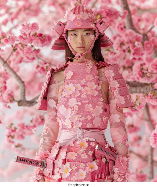 A woman wearing a pink samurai armor stands in a field of cherry blossoms.