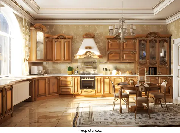 Classic Kitchen Interior Design With Wooden Cabinets and Chandelier