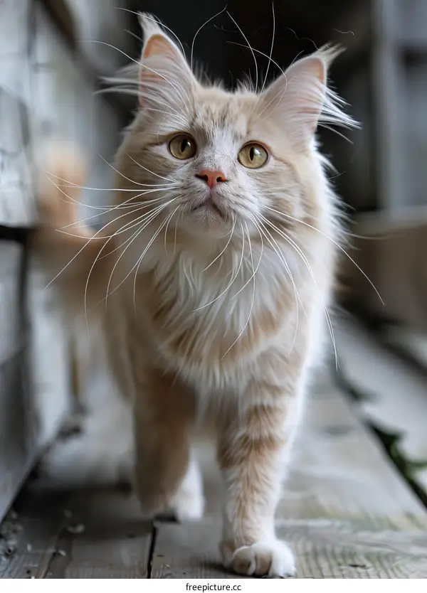 A ginger cat is walking on a wooden floor