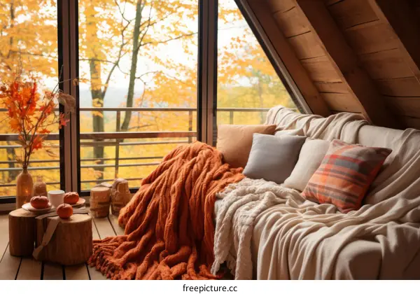 A cozy living room with a view of the fall foliage