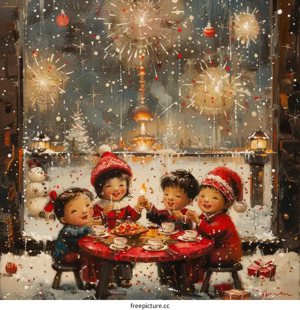 Four Happy Chinese Kids Celebrating the Chinese New Year