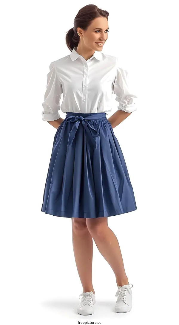 Woman in white shirt and blue skirt