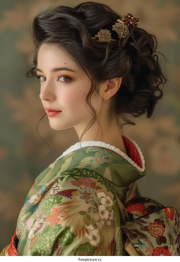 Portrait of a young woman in a kimono