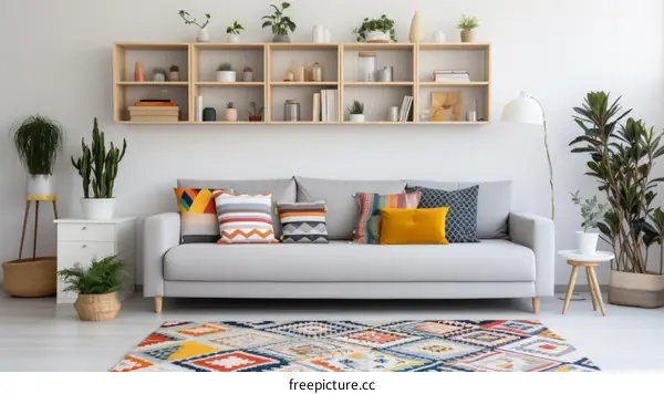 Living Room Dream: Cozy Couch, Colorful Pillows, Coffee Table, Modern Rug, Tall Plant