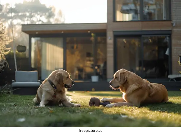 Two Golden Retrievers playing in the backyard