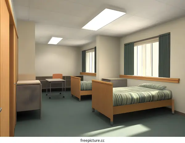 Modern Minimalist Bedroom Interior Design with Two Beds and a Desk