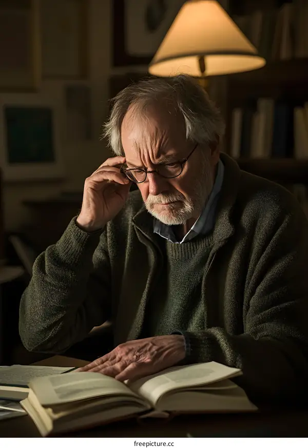 Caucasian Senior Man Reading a Book at Home