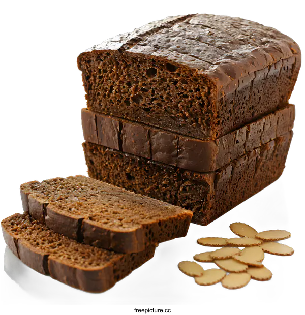[Transparent Background PNG]Freshly Baked Loaf of Dark Rye Bread with Slices and Crumbs