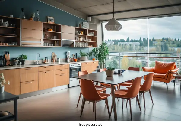 Modern kitchen with large windows and a view of the city