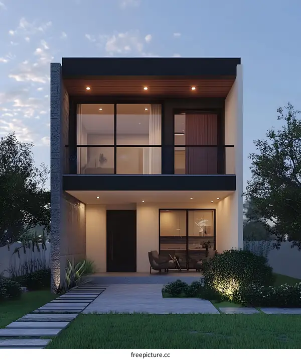 Modern Two Story House with Stone Facade and Balcony