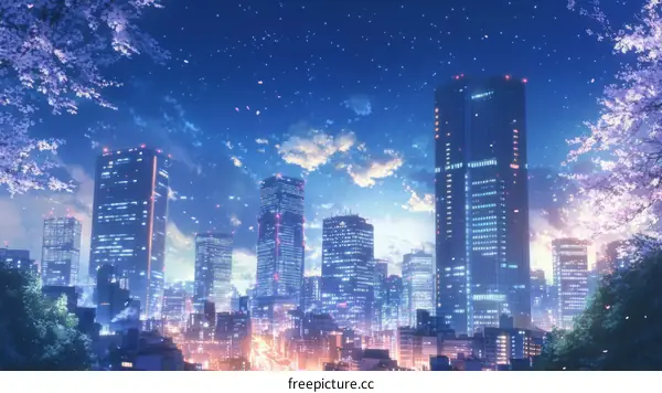 Night Cityscape with Cherry Blossoms