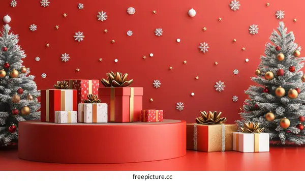Christmas Gift Boxes on a Red Podium