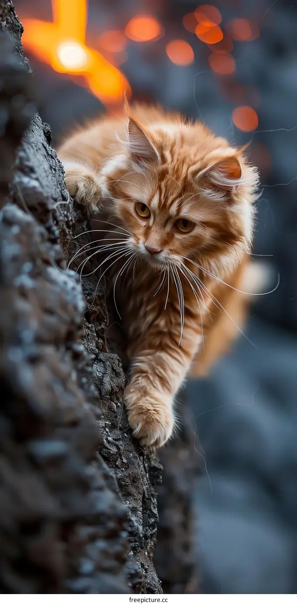 A ginger cat climbing on a rock