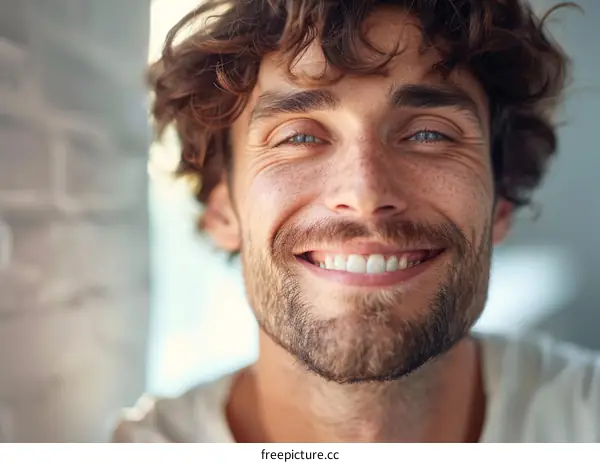 Close Up Portrait of a Smiling Man with Curly Hair
