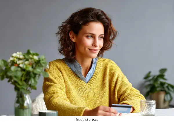 Woman Holding Credit Card Casual Indoor Setting