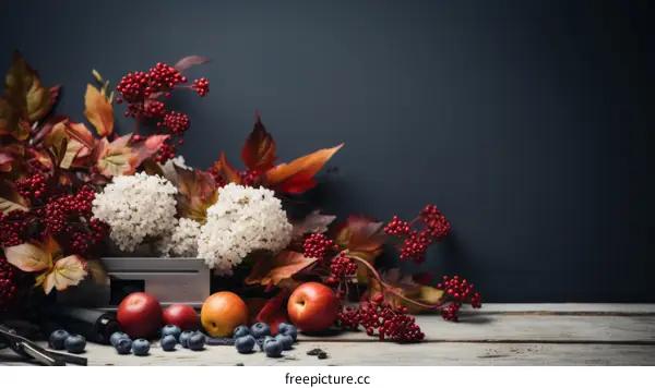 A Variety of Autumn Fruits and Flowers Arranged on a Table