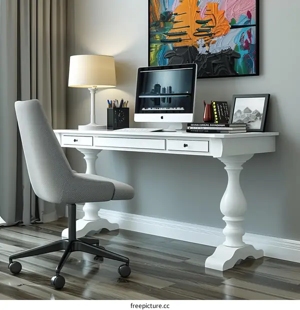 Home office setup with a white desk, gray chair, and iMac computer