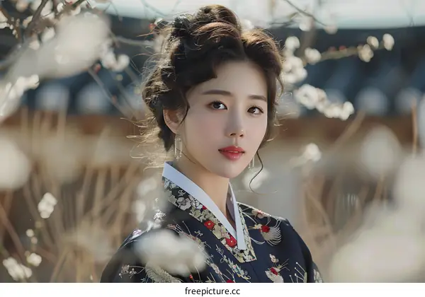Portrait of a beautiful Korean woman in traditional Hanbok dress