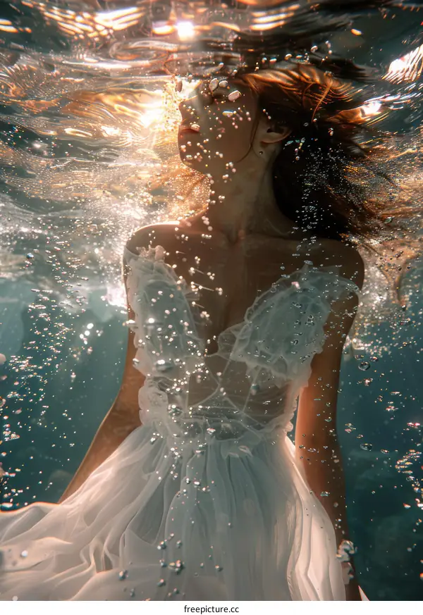 Young Woman in White Dress Floating Underwater