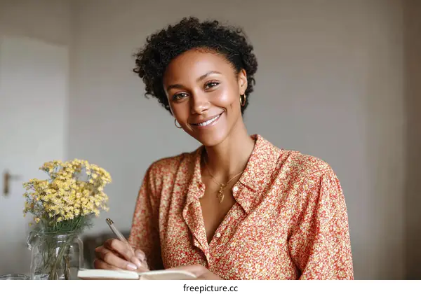 Smiling Woman Writing in a Notebook