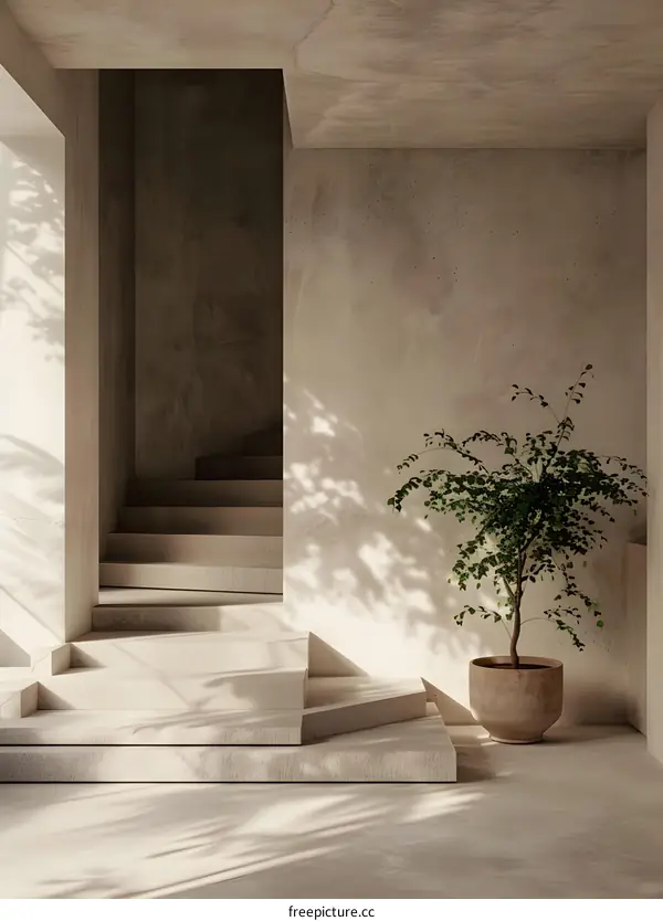 Minimalist Concrete Interior Design with Stairs and a Potted Plant